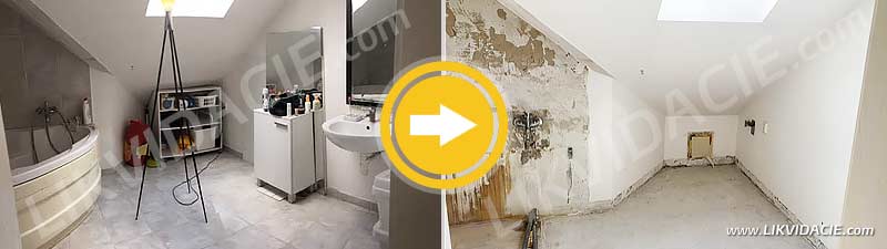 Príprava pred rekonštrukciou kúpeľne, odstránenie sanity, obkladov, dlažby, lepidla a podlahového kúrenia. Bratislava