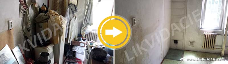 Odvoz a likvidácia odpadu z bytu po neprispôsobivých obyvateľoch, dočistenie priestoru, dezinfekcia. Bratislava - Trnávka