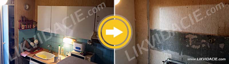 Demontáž, odvoz a likvidácia kuchynskej linky a vnútorného vybavenia, odstránenie obkladačiek a vybúranie priečky. Bratislava - Kramáre