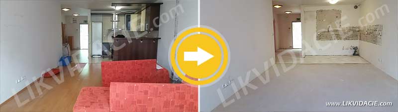 Osekanie obkladu a dlažby, demontáž drevených podláh a zárubní, odvoz a likvidácia stavebného odpadu, zariadenia a nábytku. Bratislava - Ružinov